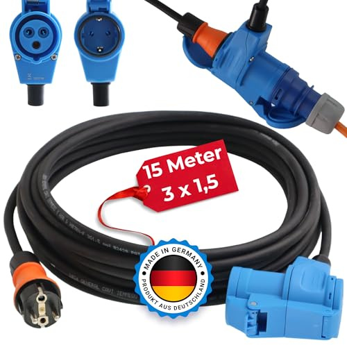 Camping Adapter 15m Mit CEE Winkelkupplung Und Integrierter Schuko Steckdose H07RN-F 3x1,5 Verlängerungskabel Strom Kabel Wohnmobil Wohnwagen Caravan Landstromanschluss