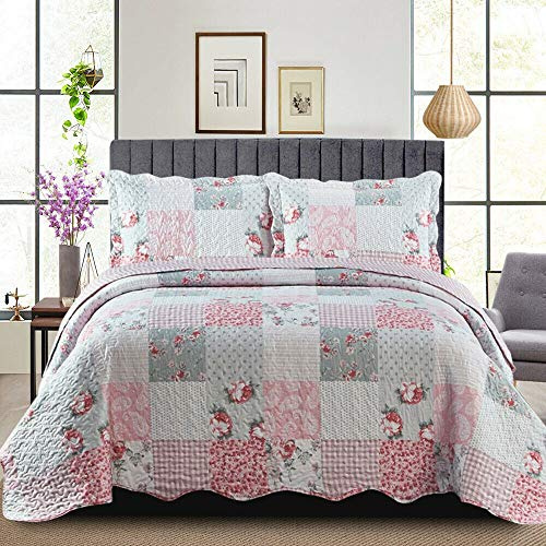 PHP Patchwork Quilt Bedspreads King Size Bedding - 3Piece Box Pattern Thick Cotton Filling Decorative Stitch Blanket Bed Throw With 2 Matching Pillow Cover Set - Floral Grey