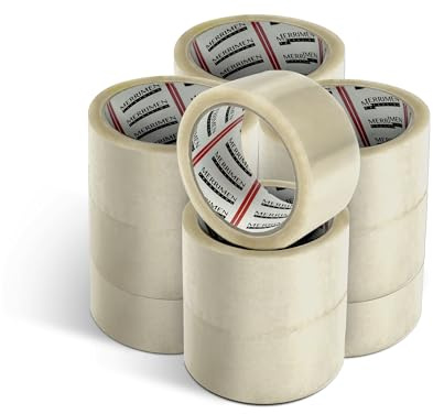Merrimen Strapazierfähiges Paketklebeband I Sicheres, haftendes & starkes Klebeband für Verpackungskartons, Umzugskartons & große Posttüten zur Langzeitlagerung I 48mm x 66m, 12 Rollen, Klar