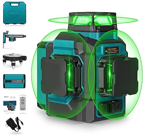 Takamine 3x360° 12 Lines Self Leveling Green Laser Level, 3D Cross Line for Construction/Picture Hanging with Removable Li-ion Battery, Remote Controller, Magnetic Rotating Stand and Hard Case
