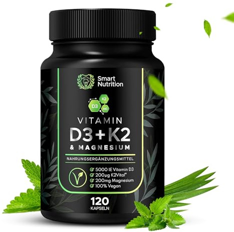 Premium Vitamin D3, K2 + Magnesium Bisglycinat 120 Kapseln hochdosiert - 5000 IE + 200 mcg K2 MK7 + 200 mg Magnesium - hohe Bioverfügbarkeit- 2 Kapseln alle 5 Tage - vegan