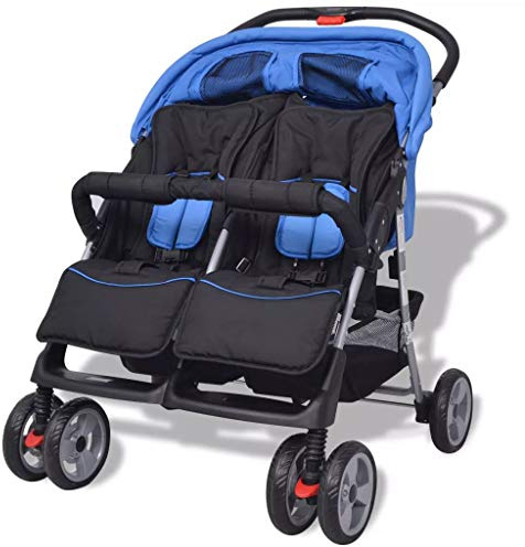 Susany Plegable Silla gemelar para Gemelos y Hermanos Carrito Gemelar Silla de Paseo Cochecito de Bebé Capacidad de Peso Azul y Negro 93 x 68 x 103 cm
