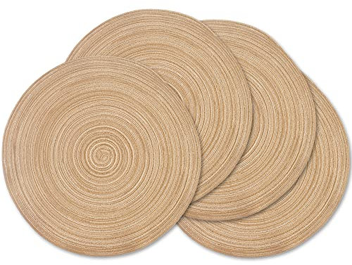 homEdge Round Placemat, Set of 4 Braided Washable Table Mats 15 Inches-Linen Yellow