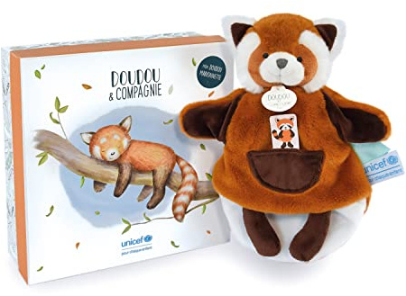 Doudou et Compagnie - Unicef DC3988 Kuschelpuppe – Panda rot – 25 cm – schöne Geschenkbox – Baby & Moi – Braun