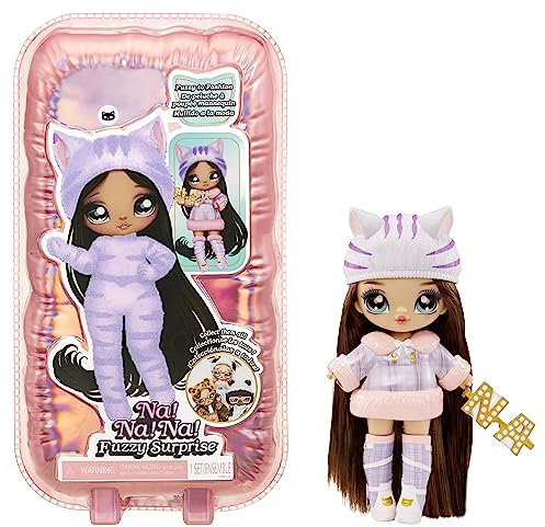 Na! Na! Na! Surprise Fuzzy Surprise Serie 1 - Catie CAT - 18cm posierbare Modepuppe - von Katzen inspiriert mit beflocktem Körper, Beanie, Brille, Outfit und Schuhen - Spielzeug für Kinder ab 4 Jahren