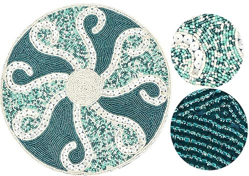 Elegant Round Charger Plate - 13” Handmade Beaded Placematss | Non-Slip, Stain-Resistant | Decorative Dining Table Mat for Kitchen, Wedding, Party, Holiday, Home Décor (Teal Ivory) - ALPHA Living HOME