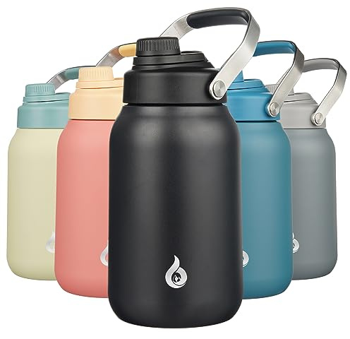 BJPKPK Half Gallon Insulated Water Bottles, 64oz Water Jug with Metal Handle & BPA Free Spout Lid, Dishwasher Safe Flasks, Large Stainless Steel Gym Sport Jugs, Black