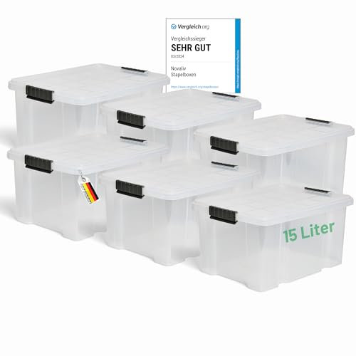 Novaliv 6x Aufbewahrungsboxen mit Deckel 15L transparente Nestbar stapelbare Storage boxes mit Clipverschluss Kunststoffbox BPA-frei 41 x 29 x 20 cm