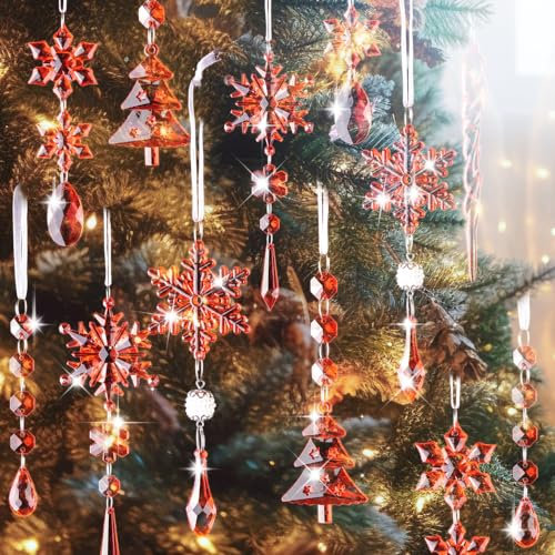 Lanpn 26pcs Crystal Acrylic Christmas Ornaments Christmas Tree Decorations, Snowflake Icicle Hanging Pendants Xmas Outdoor Indoor Party Decor Red
