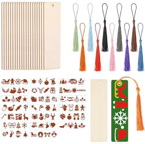 JSRQT 60 Teiliges Holz Lesezeichen Set, Blanko und Weihnachten Schablone Mit Quasten, DIY Unfertiges Hölzern Schlagworte für Weihnachten Dekor