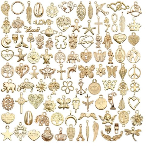 GXGM 100 Stück Charms Anhänger, zum Schmuck Basteln, Gemischte Anhänger Kette und Vintage Aesthetic, Armbänd Ohrringe Halskette,gold