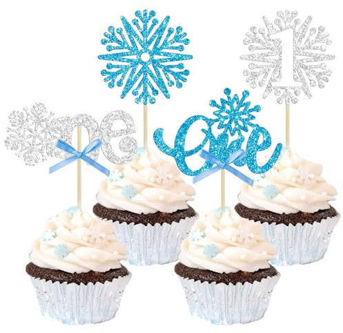 24Pcs Snowflake One Cupcake Toppers Glitter Snowflake First Birthday Cupcake Picks for Winter Onederland Theme Baby Shower 1st Birthday Party Cake Decorations Supplies Blue