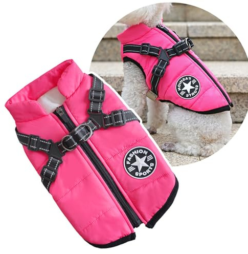 Oncpcare Kleine Hundejacke mit Geschirr, Outdoor Hundesport Weste, Outdoor Warm Haustier Wintermantel Geschirr für Katzen Welpen Kleine Hunde, (Rosa)