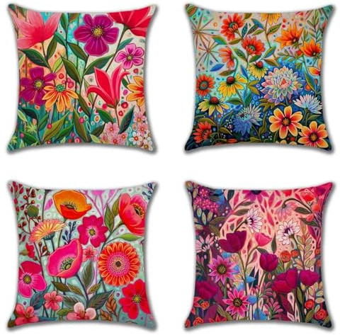 Kissenbezug 35x35 cm 4er Set Leinen Outdoor Kissen Bunt Blume Sofakissen Dekorative Kissenbezüge mit Verstecktem Reißverschluss für drinnen und draußen Perfekte Deko Kissen für Wohnzimmer und Garten