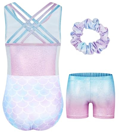 JiAmy Turnanzug Mädchen, Gymnastikanzug Kinder mit Hose Haarband Set, Glänzendes Gymnastik Turnanzug Leotard für 3-4 Jahre Lila Fischschuppen