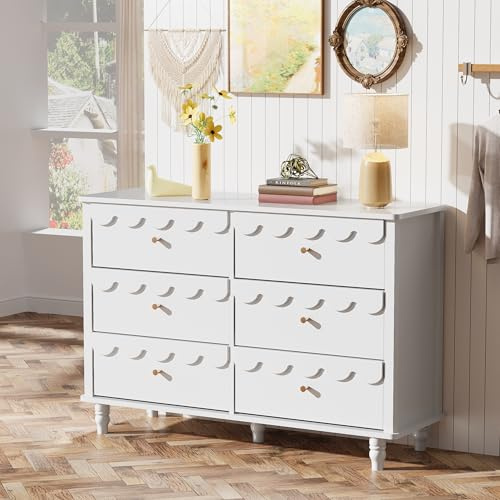Anbuy Scalloped Dresser for Bedroom White 6 Drawer Dresser for Girls, Modern Wide Chest of Drawers, Organizer Storage with Drawers, Fluted Petal Pattern Large Storage Cabinet for Living Room, Porch