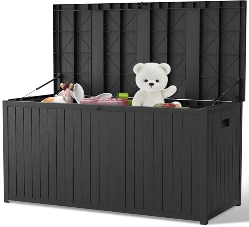 DKIEI 430L Lockable Storage Box with Lid, Large Outdoor Garden Storage Box Waterproof, Wood Design Outside Storage Container for Garden Tools, Toys, Cushion, Pool Supplies, 125 x 56 x 61.5cm, Black