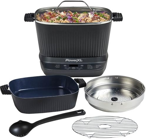 STIRMAX DELUXE - Multicocina digital de 7.5 cuartos con paleta automática para remover y triturar, preajustes programables 9 en 1 para saltar, Sear y Brown Food antes de hervir - Accesorios, sartén y