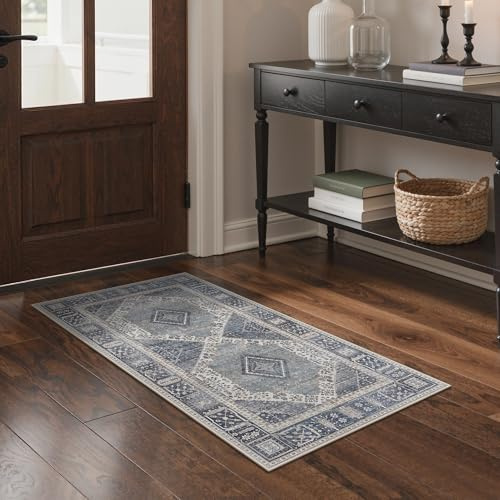 GENIMO Boho Vintage Fußmatte Waschbar 60x120CM, Rutschfester Kurzflor Teppich für Eingang, Bad oder Balkon, Stilvoller Kleiner Teppich