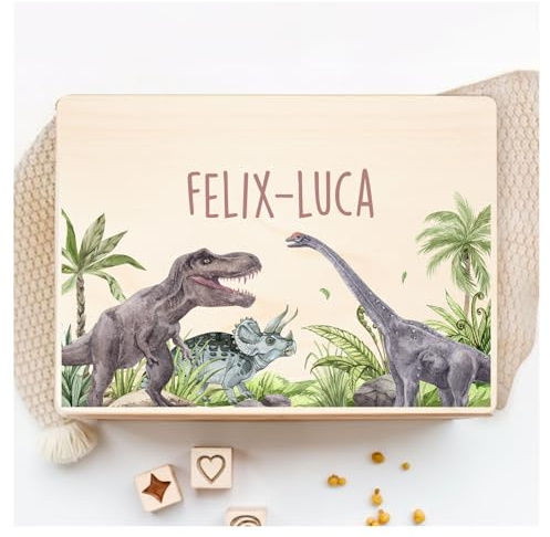 Little Deco Personalisierte Erinnerungsbox Baby Holzkiste mit Dinosaurier | L - 40 x 30 x 22 cm | Geschenk zur Geburt & Taufe Babygeschenk Kiste Geburt Spielzeugkiste Geburtstagsgeschenk XHL1013-02