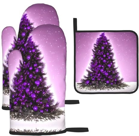 Christmas Purple Tree Print Oven Mitts and Pot Holders Set,Cooking Mitts,Cooking Mitts and Pot Holders,Oven Gloves Set