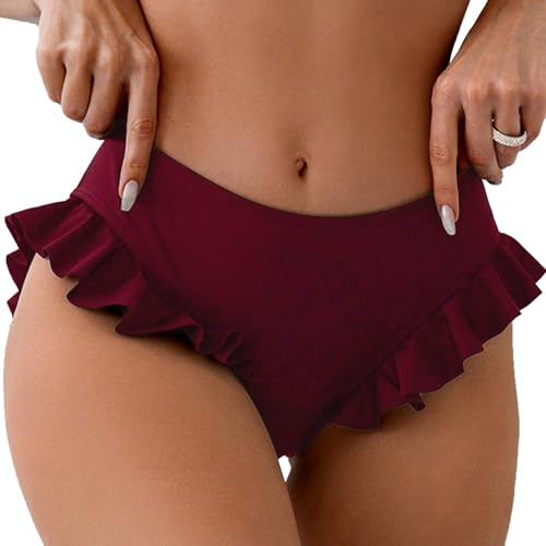 Rayson Slip Bikini da Donna Curvy Estate Semplice Pantaloni da Nuoto con Volant Costume da Bagno per Spiaggia e Piscina(Vino Rosso,XL)