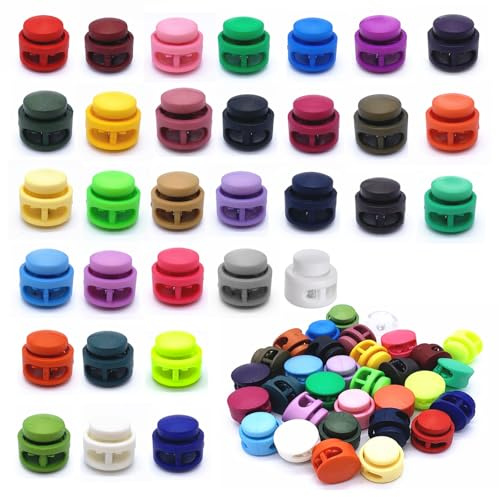 Jiujuda9 32 Stück Kordelstopper 2 Loch, Kunststoff Verschlüsse | Bunt Schnurstopper Kordelklemmen für Kordeln, Bekleidung, Rucksack, Gummikordel und Schnürsenkel Schnellverschluss