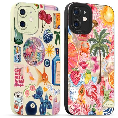 Yirlbey 2 Stück für iPhone 12 Hülle 6,1 Zoll Collage Sommer Handyhülle Aesthetic Summer Motiv Muster Design, Weiche Bunt Silikon TPU Bumper Ultra Dünn Kameraschutz Schutzhülle Mädchen Case