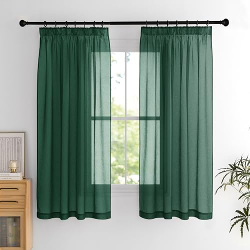 PONY DANCE Kurzer Vorhang Transparent Voile Gardinen mit Kräuselband | Dunkelgrün,H160 x B140 cm,2er Set,Vorhang Durchsichtig für Schlafzimmer,Gardinen Schienensystem,Sheer Curtains,Luftig