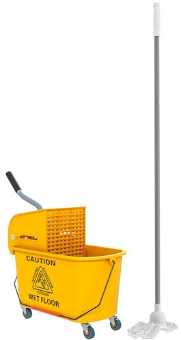 HOMCOM Chariot de ménage Chariot de Lavage Professionnel essoreuse latérale Seau 20 L, poignée et serpillère, 45 x 26,5 x 70 cm, Jaune