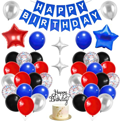 Happy Birthday Decoracion 42 Piezas Set de Pancarta Feliz Cumpleaños Azul Globos Negro Rojo y Azul Globos Estrella y Metalizados Plateado Cake Topper para Cumpleaños, Bodas y Fiestas Decoración