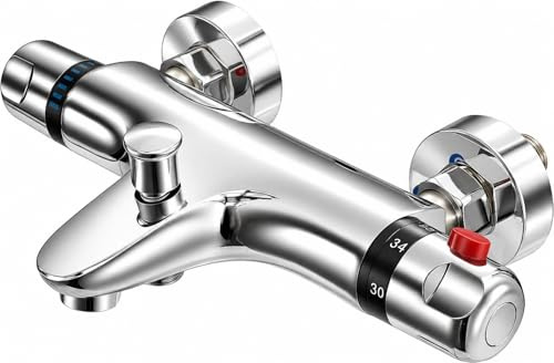 TruSky Pro Thermostatic Bath Shower Mixer Tap Deck Mounted Bath Mixer Tap Bar with Bathtub Filler Spout, Thermostatic Shower Bar Taps Faucet Modern Chrome Solid Brass 38°C Safety Anti-Scald, 180mm