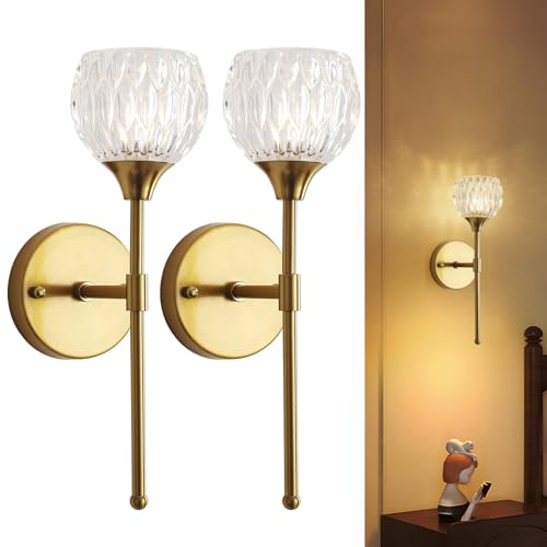 Gold Crystal Wall Sconce Set of 2, Brass Wall Lights with Crystal Shades | Hardwired Bedside Wall Lamps, G9 Base 20W Max, Dimmable for Living Room Bedroom Bathroom Vanity Light Wall Lighting Fixtures