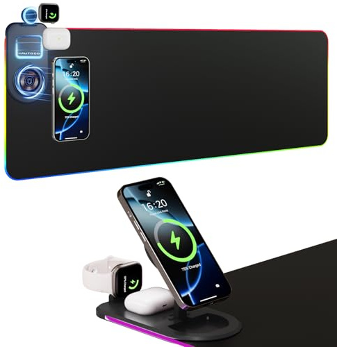 HAUTOCO Wireless Charging Mouse Pad 15W RGB Gaming Mousepad Waterproof Desk Mat with Phone Holder 35.4''x11.8'' Extra Large Desk Pad Non-Slip Base Computer Keyboard Mat for PC Laptop, Black