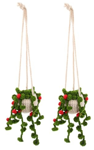 AKOOSY 2pcs Handmade Crochet Hanging Plant Car Ornament Cute Boho Rearview Mirror Charm Easy Attachment Elegant Knitted Indie Car Accessories for Women
