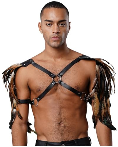 Kvysinly Leder Schulterpanzer Mit Federn Körpergurt Brustpanzer Herren Cosplay Krieger Wikinger Ritter Steampunk Gothic Kostüm Halloween Karneval Braun Einheitsgröße