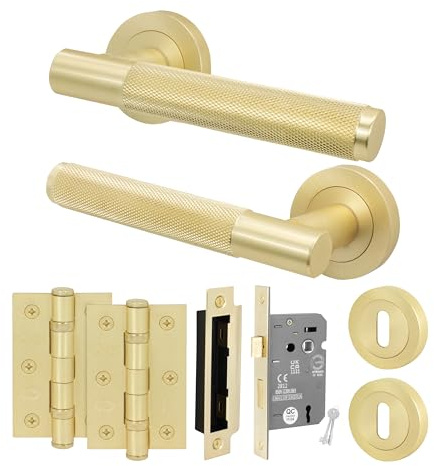 EAI Brass Door Handle Key Lock Set, Satin Brass Internal Door Handle with 64mm Lock and 76mm Hinges, Varri Range 1 Pack