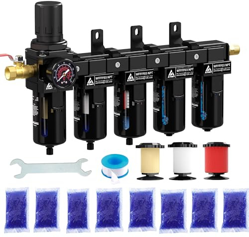 ATINY 3/8'' NPT 5 Stage Air Drying System,Air Dryer for Compressor 5 &0.5 &0.01 Micron Filter Cartridge,Double Desiccant Dryers,Semi-Auto Drain (Black)