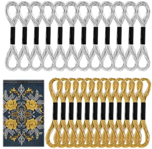 Elegaperma 24 Stück Sticktwist Kreuzstichfäden, Golden Embroidery Thread, Stickgarn Gold Metallic zum Nähen, Herstellen Garnhandwerk Schnur Künstlerbedarf (Gold, Silber)