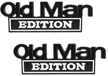 Emblème Voiture Old Man Edition 3D Autocollant métal Noir Blanc, Badge adhésif pour Personnalisation hayon Pare-Chocs, lot 2 pièces, déco Humour retraités, Compatible avec Voitures camions SUV Motos