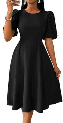 Women's Black Puff Sleeve Midi Dress - Trendy Vintage Inspired A-Line Cocktail Party Dress for Evening & Special Occasions XX-Large