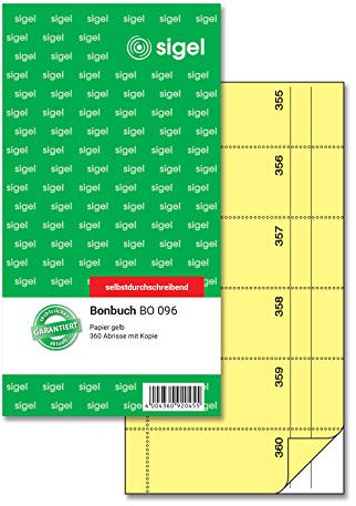 SIGEL BO096 Bonbuch Bonblock, 360 Abrisse gelb, 10,5 x 20 cm, 2x60 Blatt, selbstdurchschreibend, aus nachhaltigem Papier