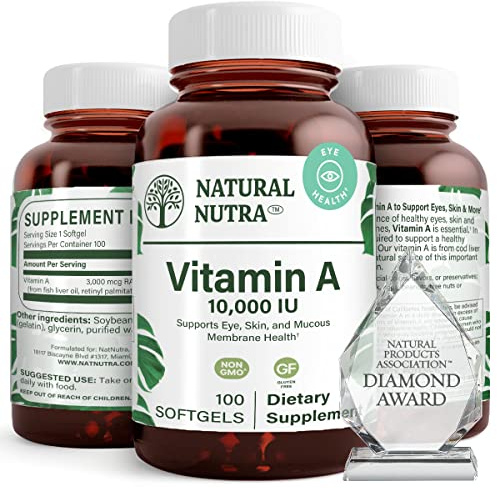 Natural Nutra Vitamin A 10,000 IU Softgels – High Potency Eye and Skin Vitamins – Gluten-Free Vitamin A Supplement for Sight & Skin Health – Fish Liver Oil for Men and Women, Gluten Free 100 Softgels