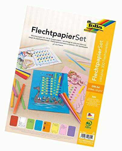 folia 70251 - Flechtpapier Set, 24 Flechtbögen DIN A4, inklusive 300 Flechtstreifen, 8 farbig sortiert, Bunt