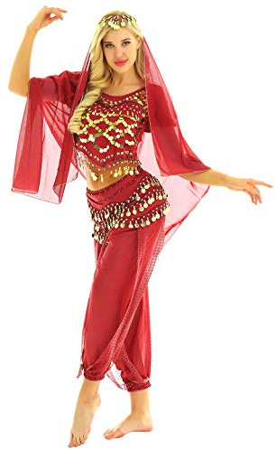 Freebily Adulte Costume de Danse du Ventre Femme Vêtement Danse Orientale Indienne Danseuse Haut Pantalon Tenus Latine Rumba Samba Carnaval Fête Dancewear Rouge Taille Unique