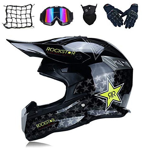 MRDEAR Casco Moto Cross Rockstar Casco Motocross con Occhiali/ Guanti/ Mascherina/ Rete Ragno Elastica, Adulto Casco MTB Integrale Downhill Enduro Offroad Sport con Fodera Rimovibile, 3 Stili,C,XL