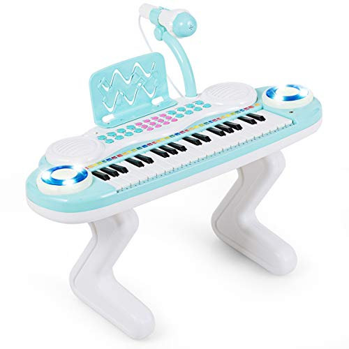 Costway Clavier de Piano Electronique à 37 Touches pour Enfants Jouet Piano Portable avec Lumière Rythmique, Microphone, Pieds Détachables,Enregistrement et Lecture Educatif pour Tout-Petit, (Bleu)