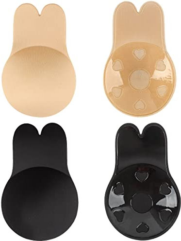 M MUNCASO 2 Pack Women Adhesive Bras,Rabbit Ears Invisible Nipple Covers Backless Sticky Bra Breast Lift Up Gel Lifting Breast Bra (C/D, Nude & Black)