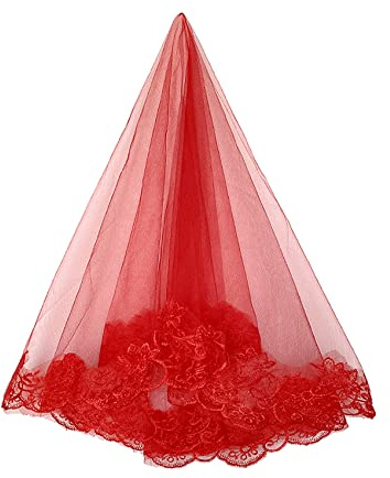 SYAYA Hochzeitsschleier für Braut, 2-stöckiger kurzer Brautschleier mit Kamm, Taillenlänge, Tüll für Junggesellinnenabschied, Lang, rote Spitze, 1 Ebene, 150 cm, Einheitsgröße