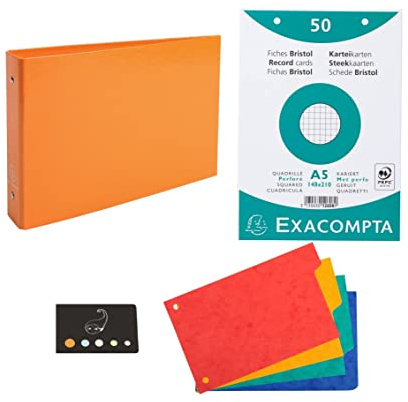 Archivador para enchufes + 100 enchufes Bristol A5 Cuadrilados Perforados + 4 separadores + 1 índice adhesivo Blumie (naranja)